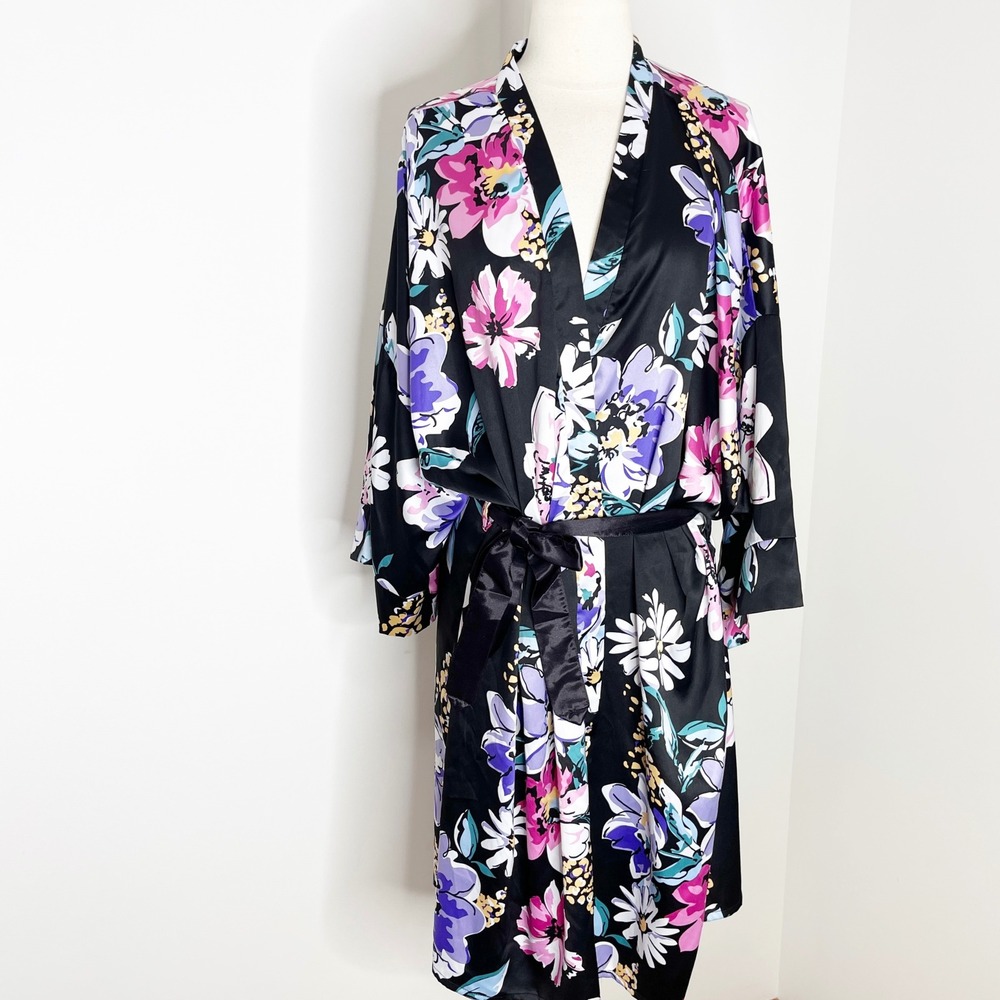 Soho Apparel Floral Satin Kimono Robe Black Pink Purple 2XL